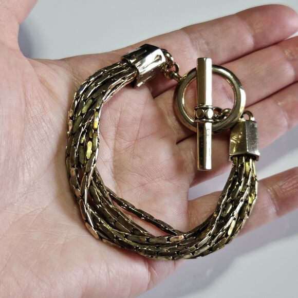 Vintage Ellen Tracy Gold Tone Layered Chain Chunky Toggle Bracelet 7.5" - Picture 1 of 16